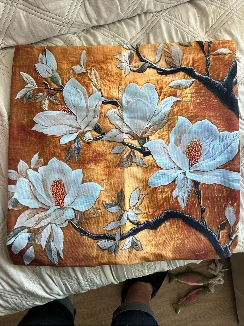 Blue Floral Velvet Throw Pillow Cover on Golden Brown. Cover only. No insert.